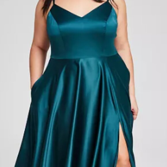 Trendy Plus Size Satin Sleeveless Front-Slit Gown - Picture 1 of 4